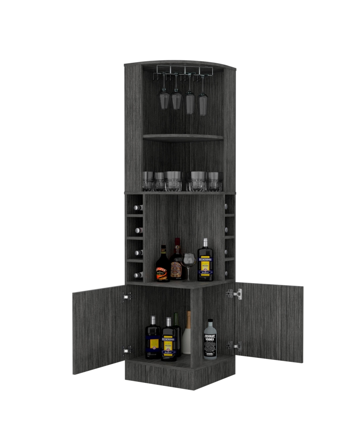 Lovmor Elegant Home Bar Cabinet with Two Doors 8 Liquor Cubbies Display Area and Upper Shelf