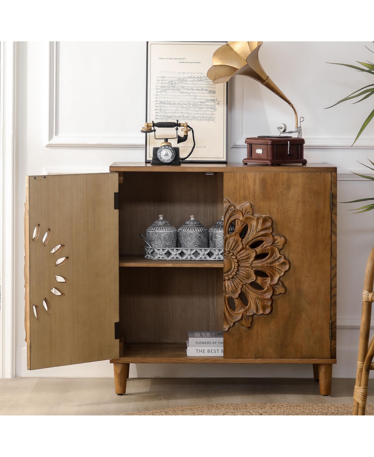 Lovmor Hand Carved Floral Accent Cabinet Rustic Boho Storage Two Door Hallway Sideboard