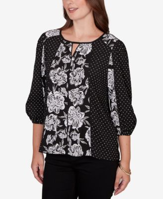 Petite Floral Panel Crinkle Knit Peasant Top
