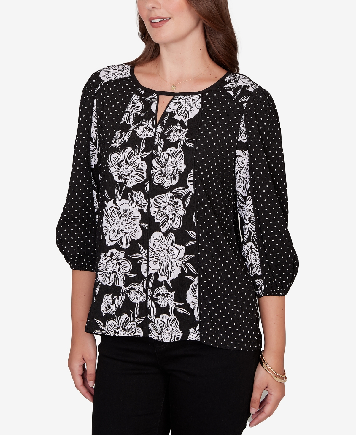 Ruby Rd. Petite Floral Panel Crinkle Knit Peasant Top