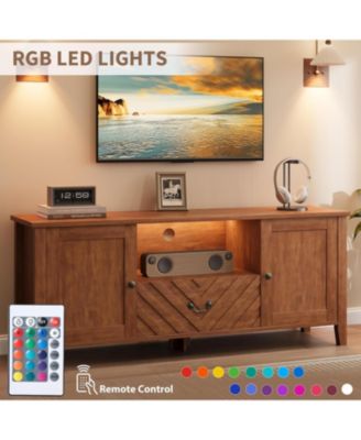 Retro TV Stand for 65 Inch TV, Entertainment Center with LED Lights, V-Shaped Texture, 2 Storage, 1 Drawer, Adjustable Shelves