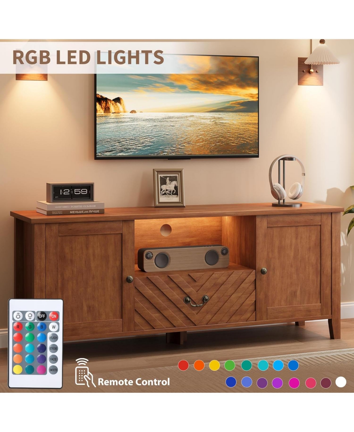 gaomon Retro Tv Stand for 65 Inch Tv, Entertainment Center with Led Lights, V-Shaped Texture, 2 Storage, 1 Drawer, Adjustable Shelves