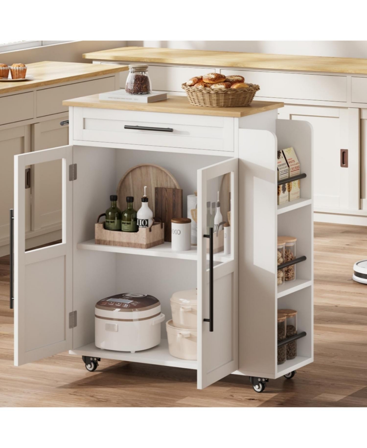 gaomon 42" Kitchen Island Cart with Solid Wood Top, Drawer, 3-Tier Shelves, Locking Wheels, Glass Doors