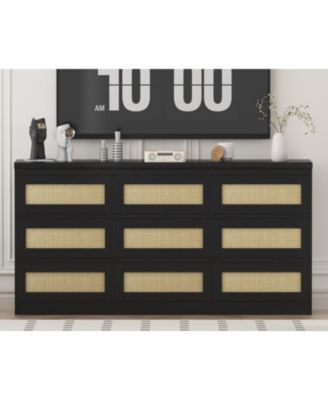 63 Inch Rattan 9 Drawer Dresser, Modern Farmhouse Chest of Drawers