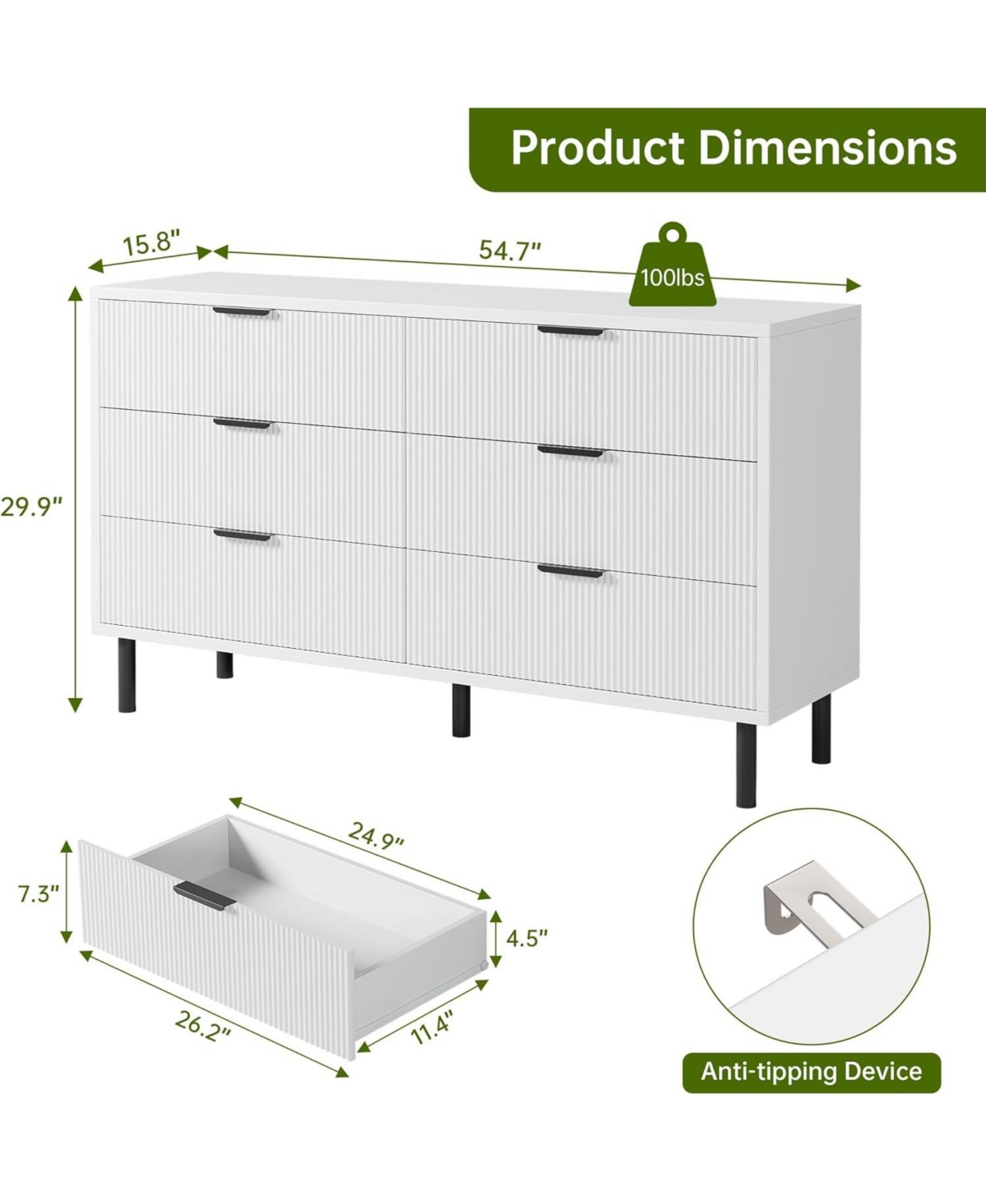 gaomon Oak Modern 6-Drawer Dresser with Metal Handles, Wooden Storage Cabinet for Bedroom, Closet, Hallway