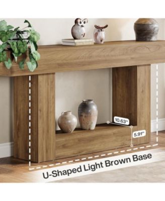 63" Console Table, Farmhouse 2-Tier Entryway Table with U-Shaped Base, Light Brown