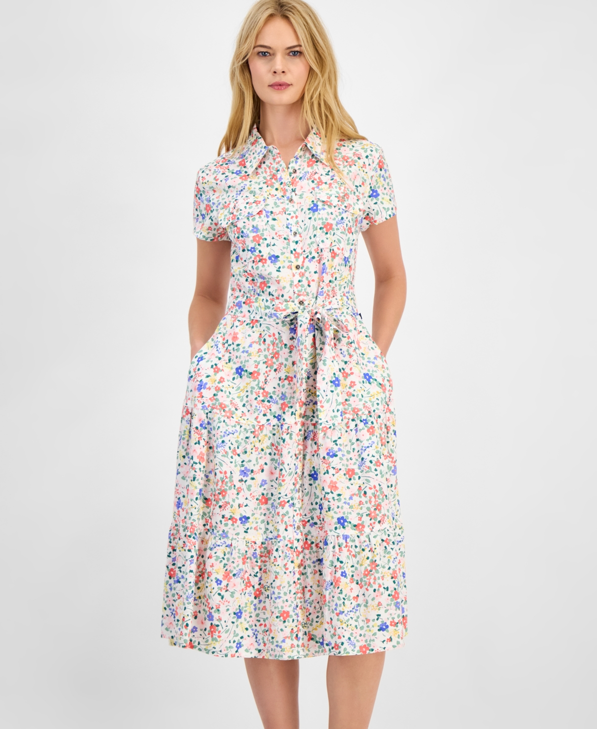 Nautica Jeans Women's Belagio Floral Belted Shirt Dress