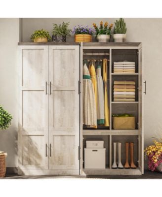 Rustic White Large Wardrobe Closet with Hanging Rod and 2 Doors