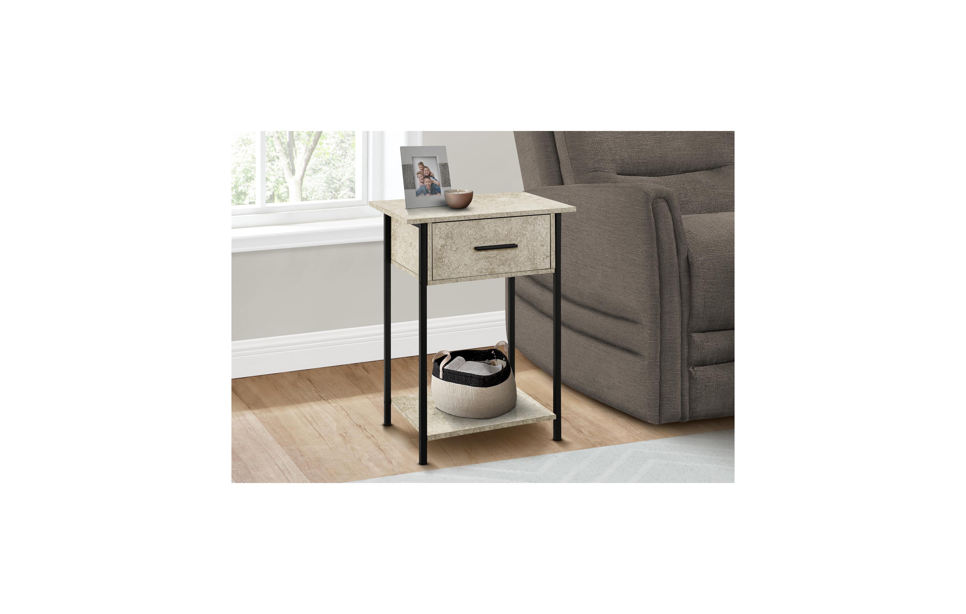 Lovmor Accent Table, 2 Tier, End, Lamp, Living Room, Side Table, Storage Drawer, Small, Cream Stone Laminate, Black Metal, Contemporary