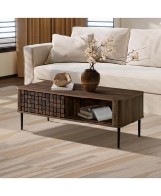 Dark Oak with Basket Weave Design Manufactured Wood 1-Sliding Door Coffee Table