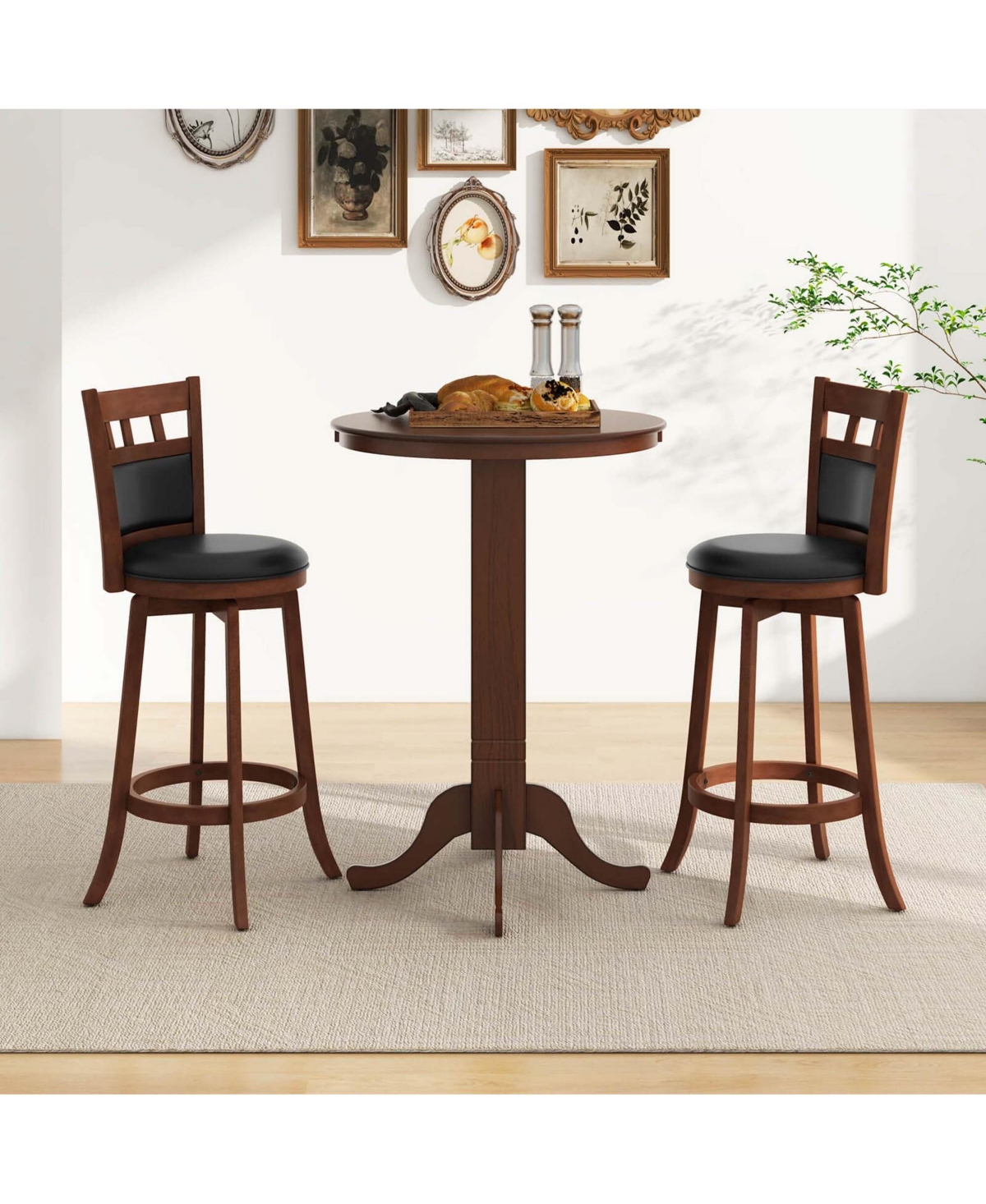 Costway 30 Inch Wood Pub Round Dining Table with Pedestal Base Kitchen Diner Table