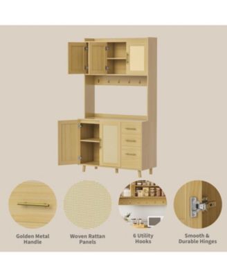 71" Kitchen Pantry Cabinet with Rattan Doors, 3 Drawers, 6 Hooks & Adjustable Shelves – Freestanding Storage Buffet, Natural