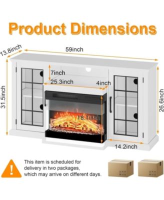 59" TV Stand with 24" 3-Sided Glass Fireplace, 12 LED Flame Colors, 750/1500W, Storage for 65" TV