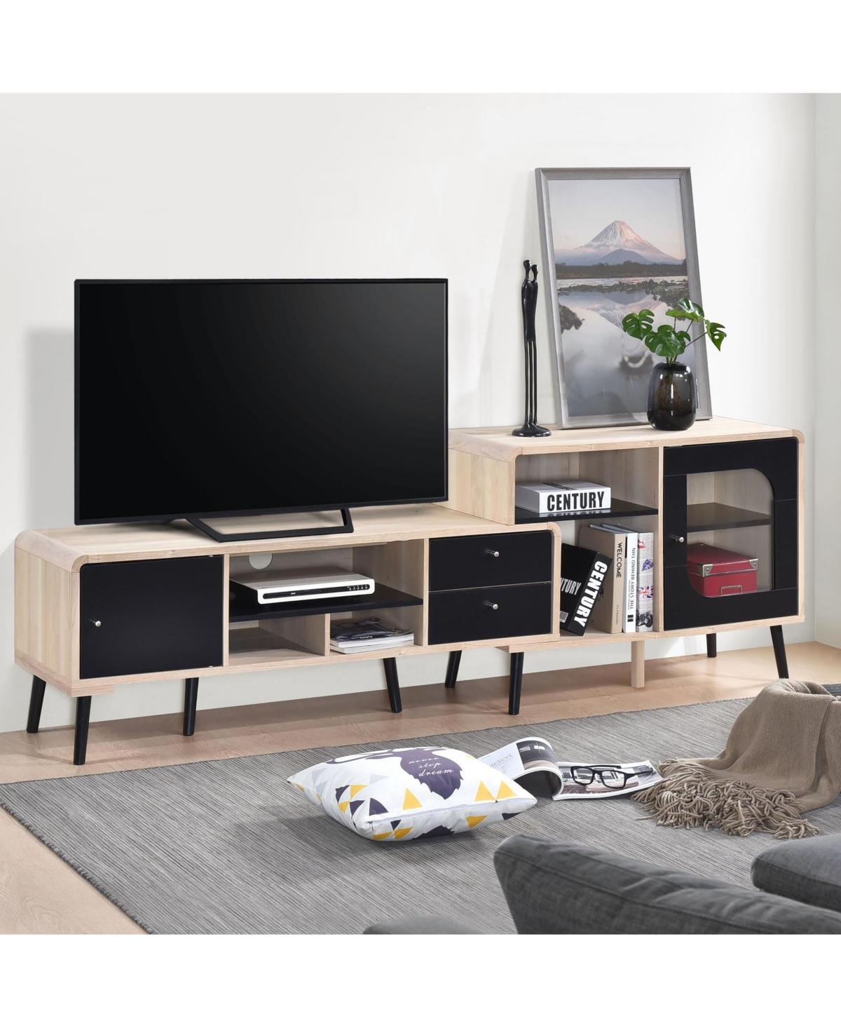 Kings Brand Furniture Nathan 75-Inch Tv Stand, Entertainment Center & Media Console with Drawers, Open & Closed Storage, Oak/Black
