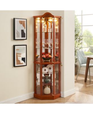 Corner Glass Curio Cabinet LED Light Adjustable Shelves Push Open Display