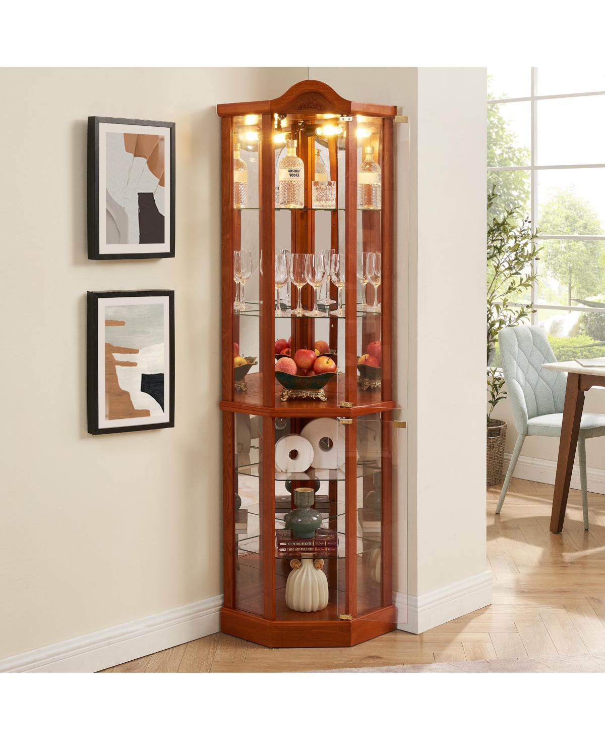Lovmor Corner Glass Curio Cabinet Led Light Adjustable Shelves Push Open Display