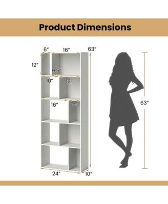63" Tall Floor Standing Open Bookshelf with 10 Cubbies 5 Back Anti-falling Panels