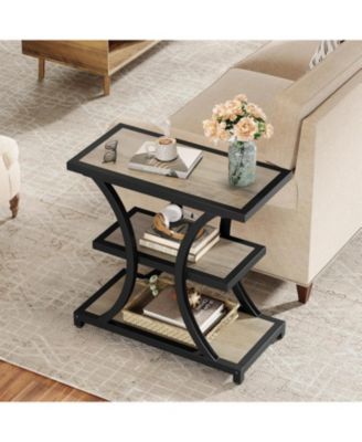 End Table with Storage Set of 2, 3-Tier Side Table with Geometric Metal Design, Industrial Nightstand