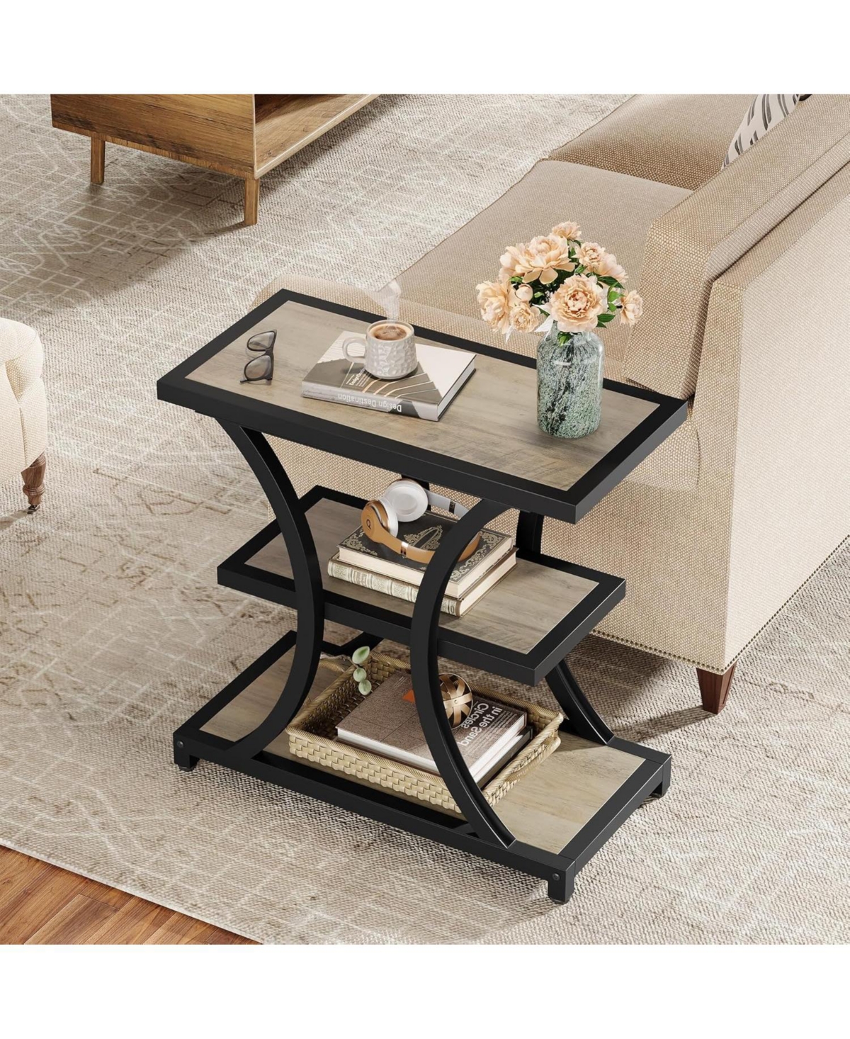 Tribesigns End Table with Storage Set of 2, 3-Tier Side Geometric Metal Design, Industrial Nightstand