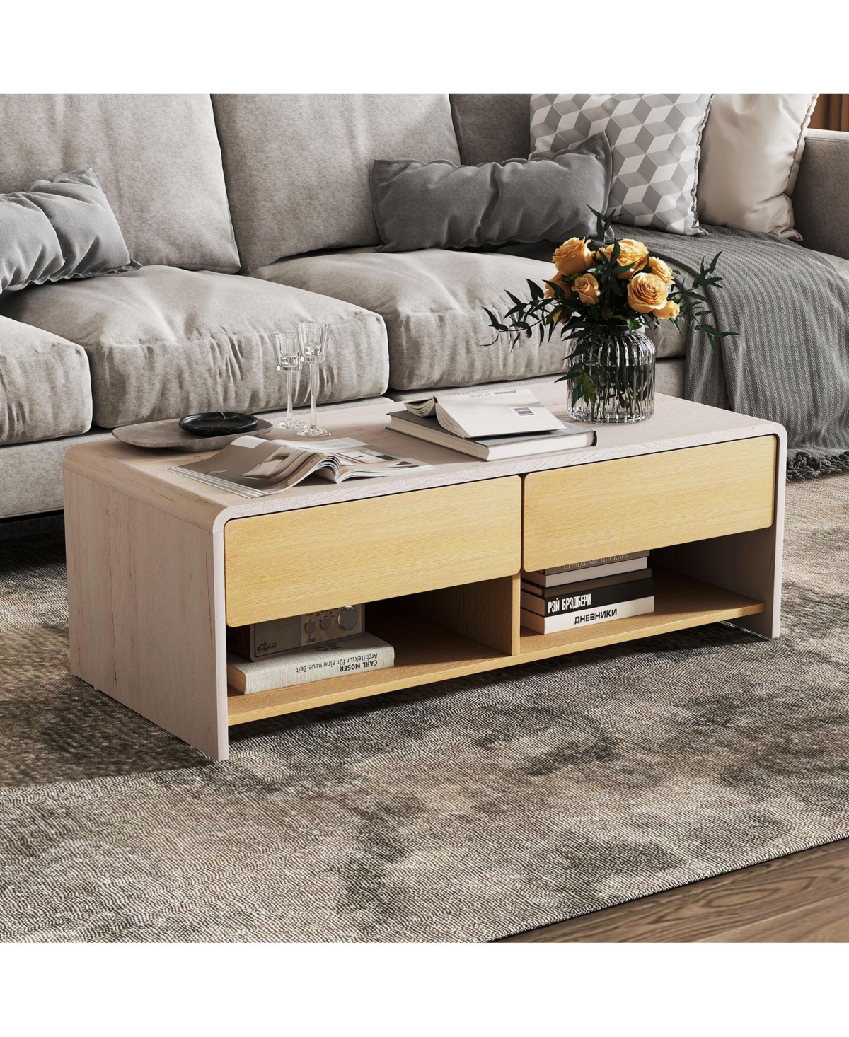 Gymax Home Coffee Table w/ 2 Drawers & 2 Storage Shelf Rectangle Table Cocktail Table
