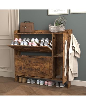 Large Mirrored Shoe Cabinet Adjustable Flip Drawers Storage Bench Entryway Rack