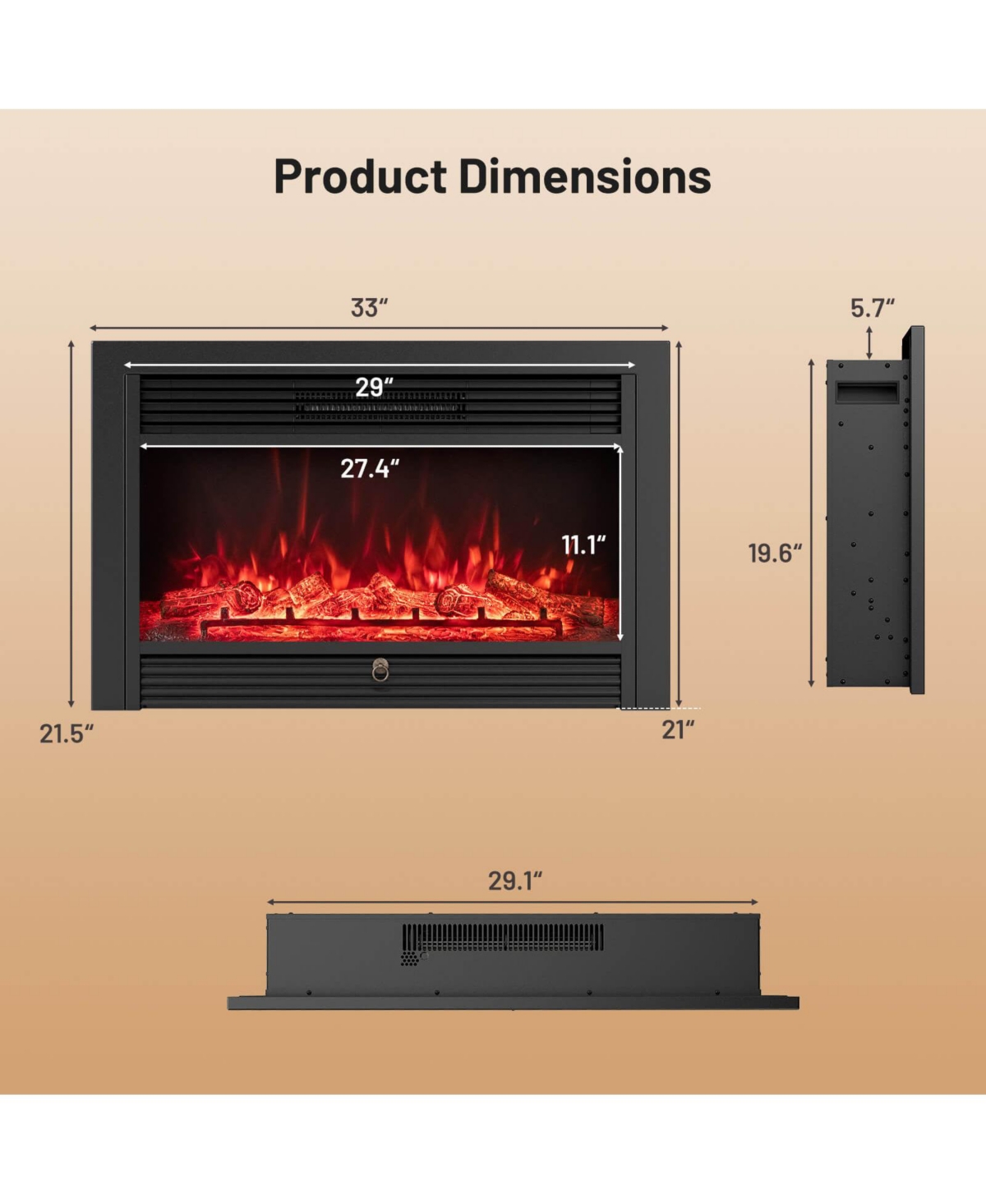 Costway 33" Electric Fireplace Insert 750W Recessed Fireplace Heater with Remote Control