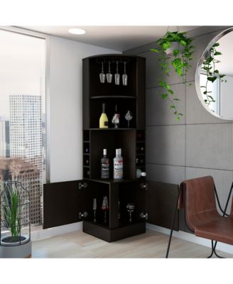 Corner Cabinet with 2 Doors 8 Bottle Cubbies 2 Shelves and 12 Wine Glass Rack
