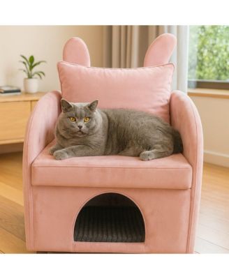 Velvet Pink Bunny-Ear Pet-Friendly Armchair with Built-in Cat & Dog Hideaway, Plush Dual-Use Sofa Chair
