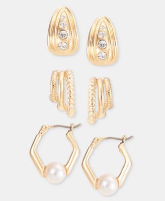 3-Pc. Set Crystal & Imitation Pearl Hoop Earrings