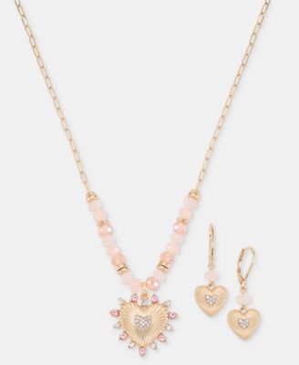 Crystal Heart Beaded Pendant Necklace & Drop Earrings Set