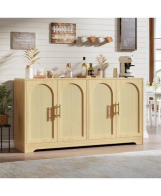 59” Sideboard Buffet Cabinet - Large Credenza Storage with 4 Rattan Doors, Modern Console Table Accent Coffee Bar Cabinet