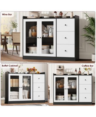 Sideboard Buffet Cabinet with Storage, 43" Coffee Bar Cabinet with Glass Doors and 3 Drawers