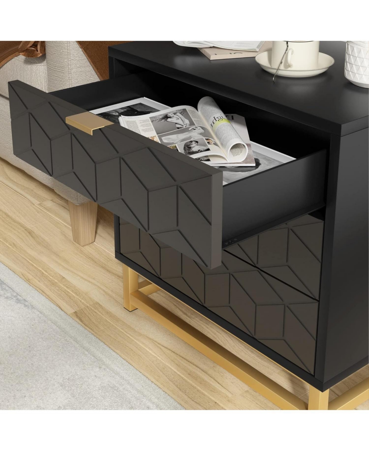 Gaomon Grey 3-Drawer Modern Wood Dresser, Bedroom and Closet Storage Chest with Gold Pulls, Nightstand-Style Organizer