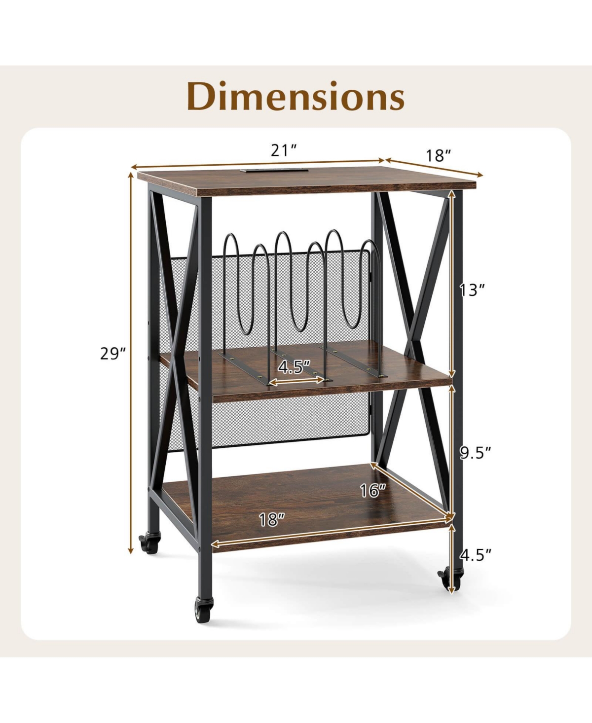 Costway 3-tier Record Player Stand with Metal Dividers Adjustable Shelf & Power Outlets