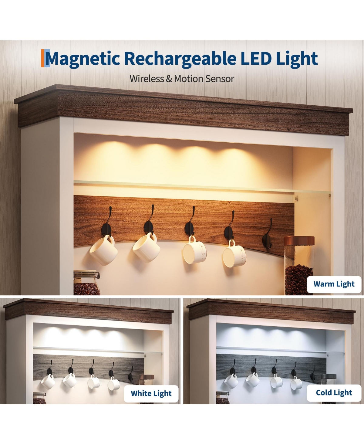 Gaomon Coffee Bar Cabinet with Led Light, 72" Tall Farmhouse Coffee Bar Hutch with Storage, Sideboard Buffet Cabinet