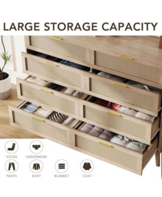 Rattan 8-Drawer Double Dresser, Modern Wood Storage Chest with Gold Handles for Bedroom, Living Room, Closet, or Entryway