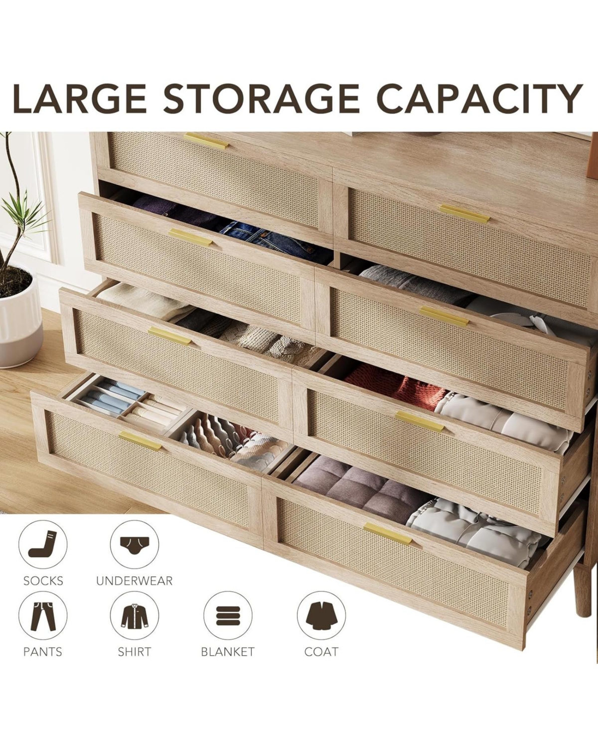 gaomon Rattan 8-Drawer Double Dresser, Modern Wood Storage Chest with Gold Handles for Bedroom, Living Room, Closet, or Entryway