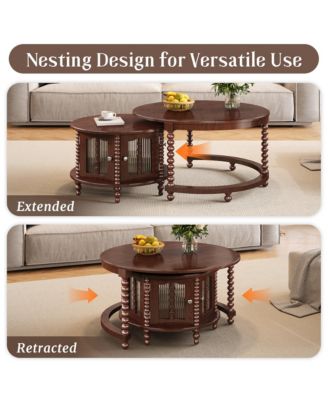 31.3" Vintage Walnut Coffee Table with Bamboo-Shaped Glass Doors, Nesting Design