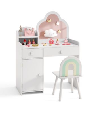Kids Vanity Table and Chair Set with Cloud-shaped Mirror Open Shelf Storage Drawers