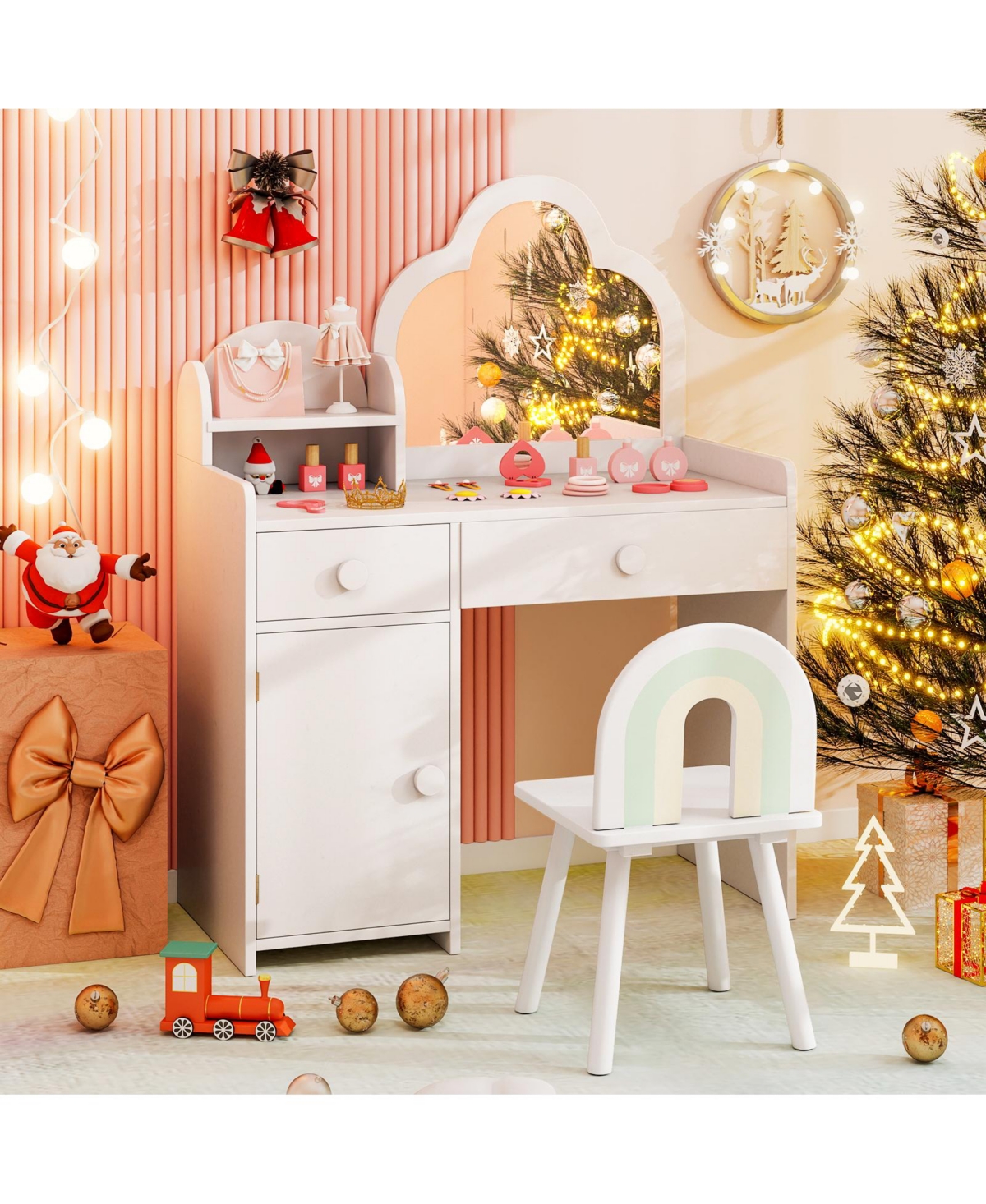 Costway Kids Vanity Table and Chair Set with Cloud-shaped Mirror Open Shelf Storage Drawers