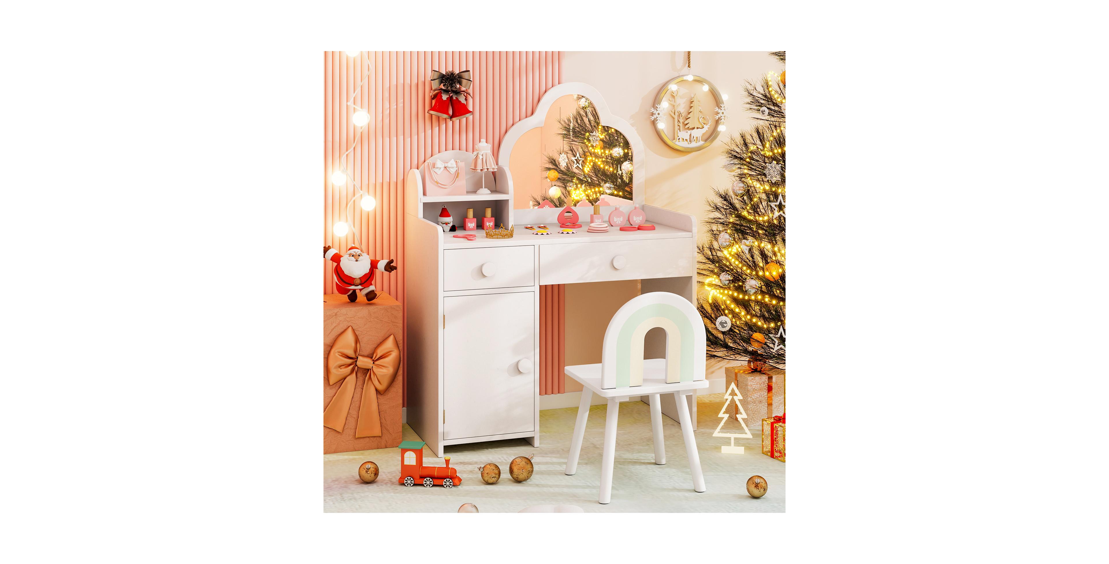 Costway Kids Vanity Table and Chair Set with Cloud-shaped Mirror Open Shelf Storage Drawers