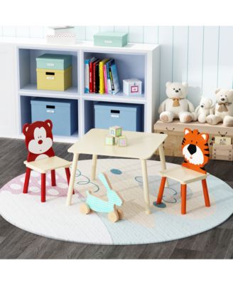 3-Piece Kids Table and Chair Set with Bear and Tiger Theme in Natural