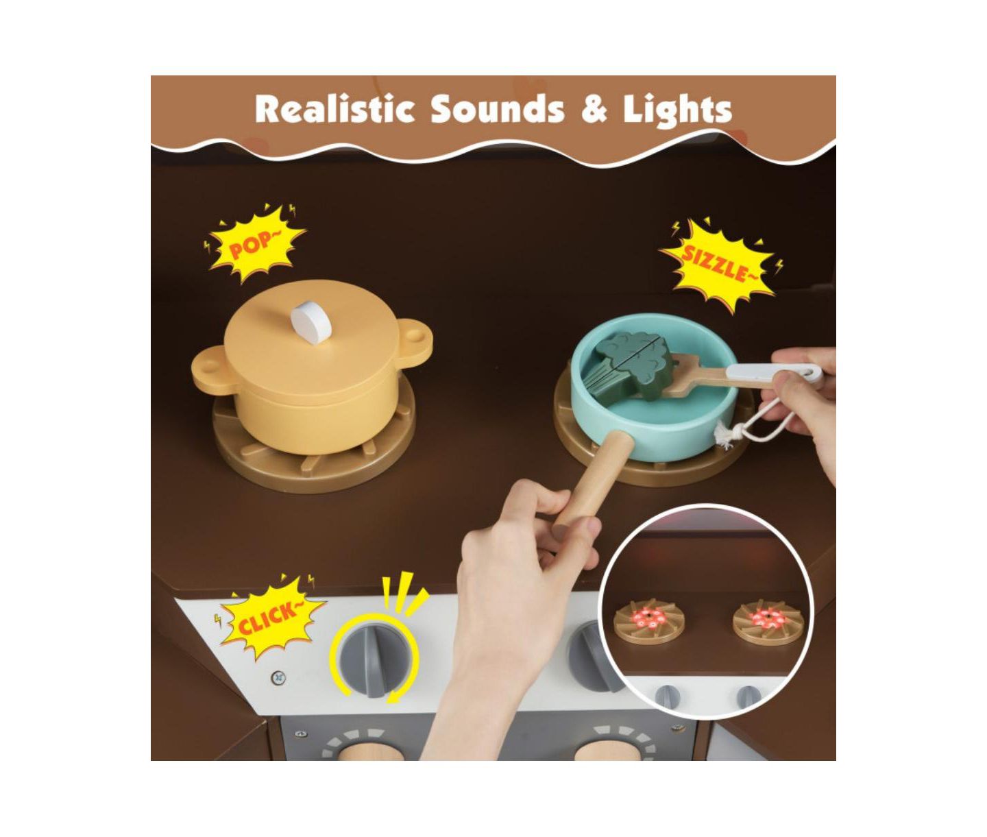 Детская игрушка HONGGE Corner Kids Play Kitchen with Lights and Sounds, Ages 3+, цвет: Коричневый — фото 5