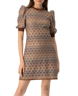 Women's Short Knitted Dress With Puffed Sleeves