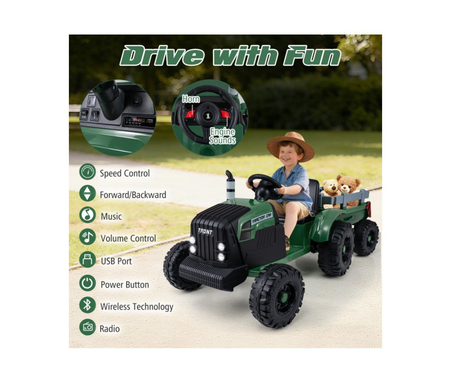 Детская игрушка HONGGE 24V Kids Ride On Tractor with Detachable Trailer, цвет: Тёмный зелёный — фото 10