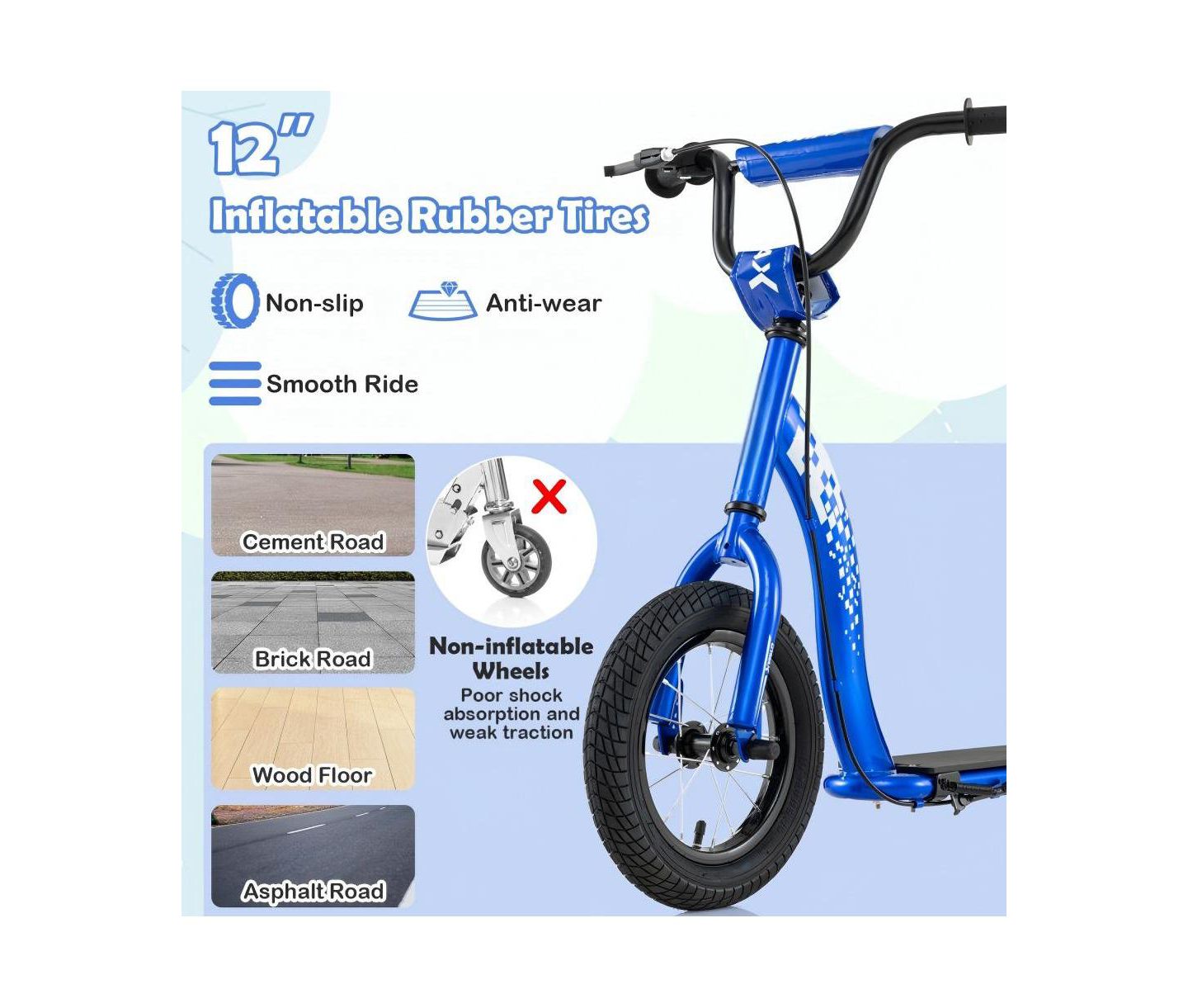 Детская игрушка HONGGE Youth Kick Scooter with Adjustable Height & Inflatable Wheels, Wide Deck, 165 lbs Capacity, Ages 8-13, цвет: Синий — фото 8