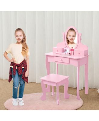 Kids' Vanity Set with Adjustable Mirror, Pretend Play Vanity Table and Stool with Wood Makeup Set