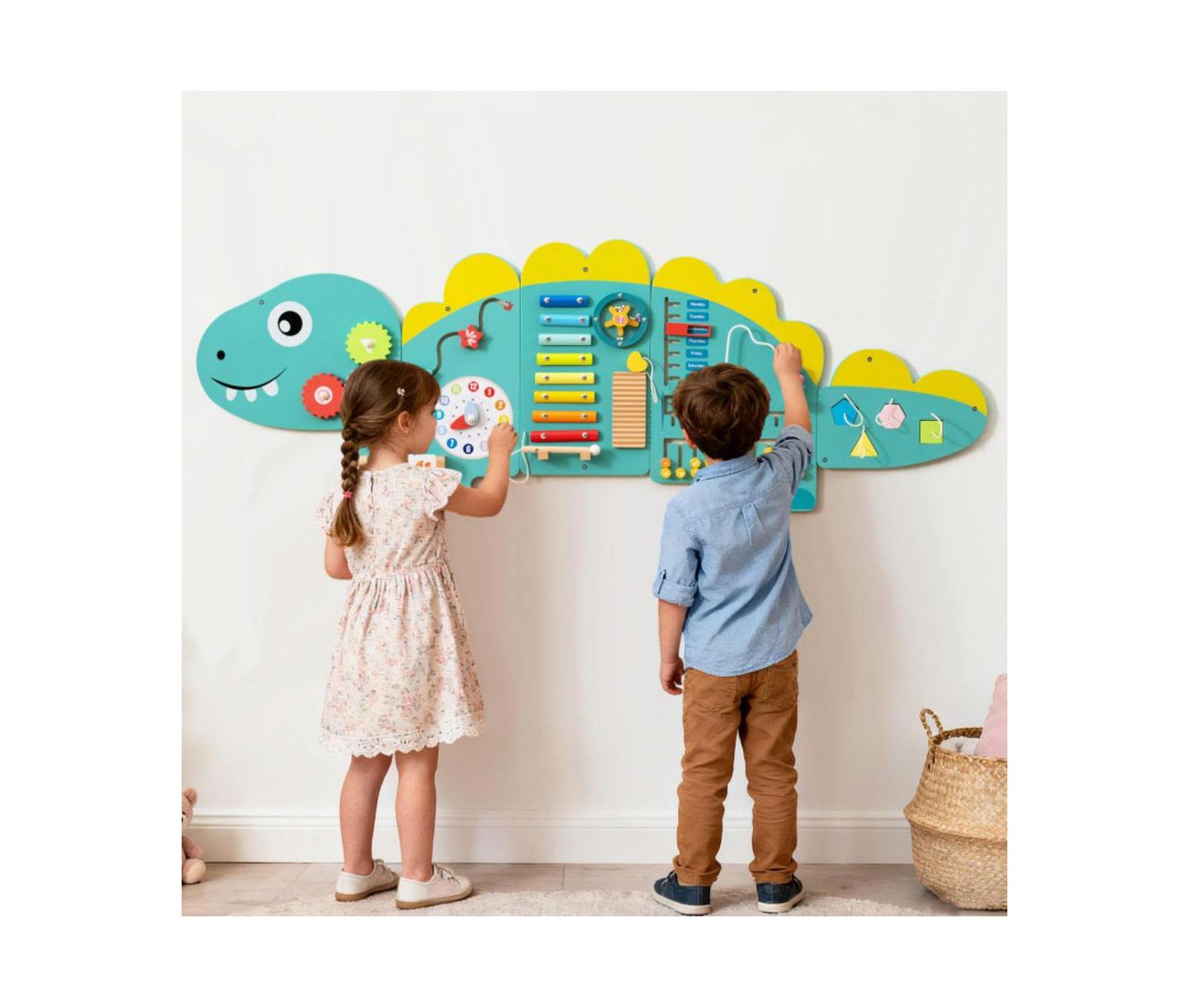 Детская игрушка HONGGE Dinosaur 11-in-1 Montessori-Inspired Wall Activity Board, Ages 3+, цвет: Зелёный — фото 5