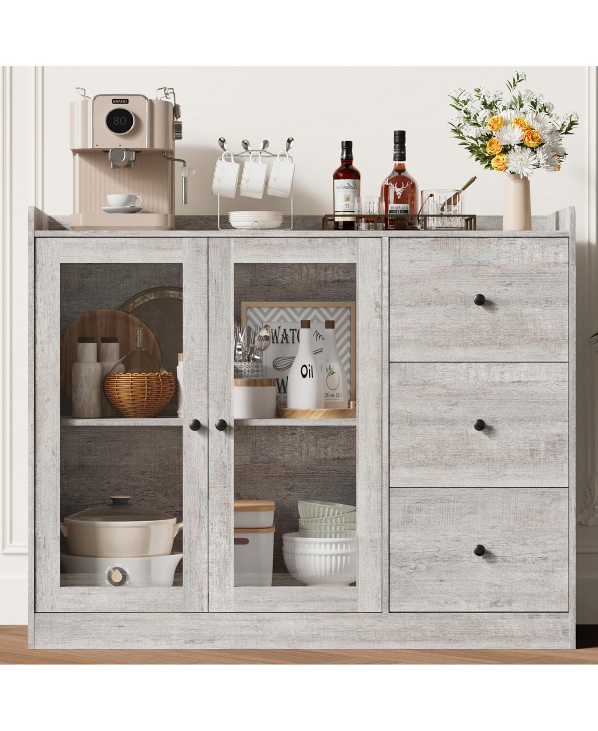Gaomon Sideboard Buffet Cabinet with Storage, 43" Coffee Bar Glass Doors and 3 Drawers