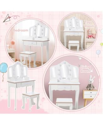 Kids Vanity with Lighted Mirror, Little Girls Vanity Table & Stool, Kids Makeup with Tri-Fold Mirror, Drawer & Storage Grid for 3-9 Yrs Girls